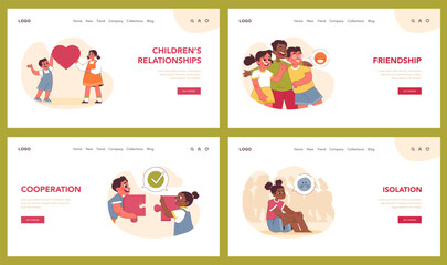 Fototapeta na wymiar Children's Relationships set. Showcasing friendship, family bonds, sibling rivalry, and social interactions. Captures stages from cooperation to isolation. Flat vector illustration