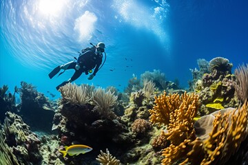 Fototapeta na wymiar Adventurous Scuba Diver Exploring Colorful Coral Reef amidst a Thriving Community of Tropical Fish
