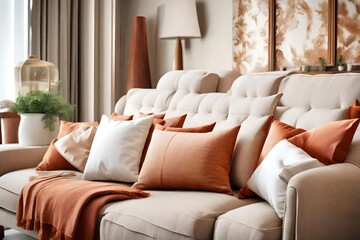 Close up of fabric sofa with white and terra cotta pillows. French country home interior design of modern living room