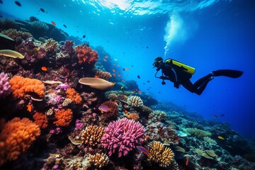 Naklejka na ściany i meble Enchanting Underwater Exploration. Scuba Diver Immersed in Vibrant Tropical Fish Paradise