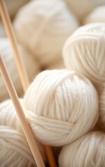 Fototapeta na wymiar Creamy White Yarn with Smooth Knitting Needle