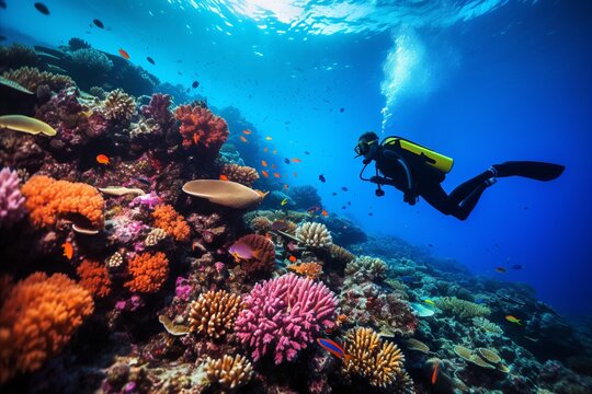 Enchanting Underwater Exploration. Scuba Diver Immersed in Vibrant Tropical Fish Paradise