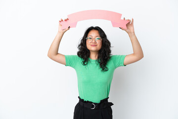 Young asian woman isolated on white background holding an empty placard