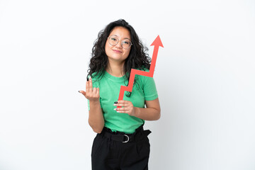 Young asian woman isolated on white background holding a catching a rising arrow and doing coming gesture