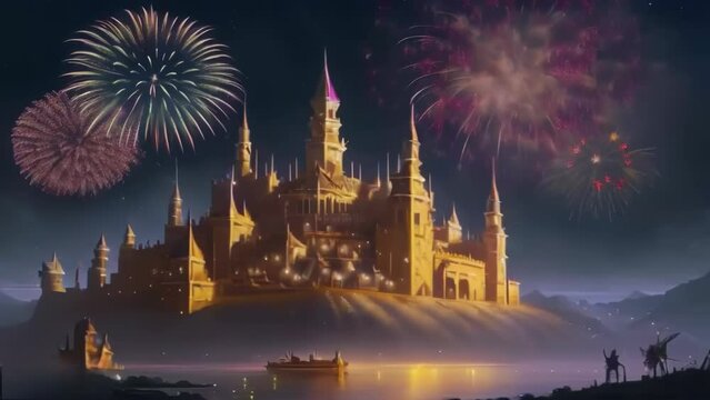 A giant castle around the hosa, floating ships and fireworks shooting in the night sky. A short video of colorful fireworks.