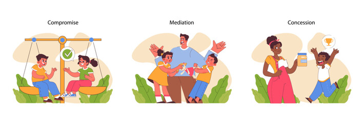 Conflict Resolution set. Balancing interests through compromise, mediating disagreements, granting concessions. Capturing the essence of negotiation. Flat vector illustration