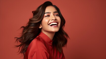 Fototapeta premium Radiant North Indian Model: Smiling Beauty, Red Lipstick, Flawless Makeup on Red Background generative ai 