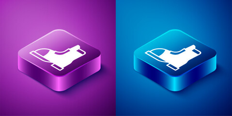 Isometric Hunter boots icon isolated on blue and purple background. Square button. Vector