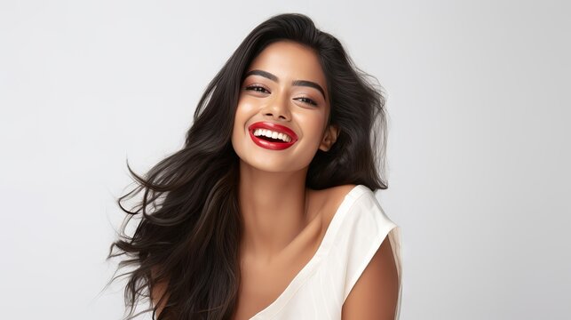 Flawless Skin and Red Lips: Smiling North Indian Model in Makeup Shoot on White Background generative ai