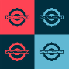 Pop art Electric circular saw with steel toothed disc icon isolated on color background. Electric hand tool for cutting wood or metal. Vector