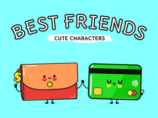 Wallet with money and Credit card character. Vector hand drawn cartoon kawaii characters, illustration icon. Funny cartoon happy Wallet with money and Credit card friends