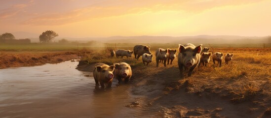 Pigs grazing in a field piglets and mother feeding muddy swine in golden sunset Copy space image Place for adding text or design - obrazy, fototapety, plakaty