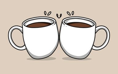 Heartwarming Coffee Bliss: Two Minimalistic Mugs Embrace in Vector-Style Harmon