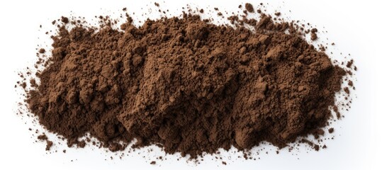 Scattered soil pile on white background top view Copy space image Place for adding text or design - obrazy, fototapety, plakaty