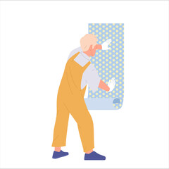 Isolated handyman cartoon character applying wallpaper engaged in remodeling of home apartment