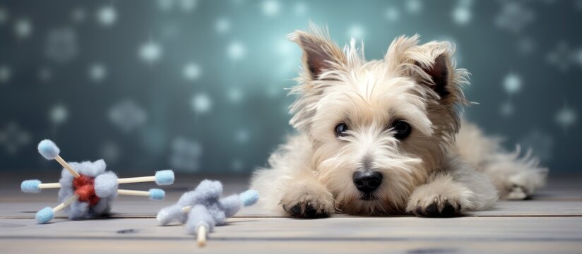 Reminder to vaccinate against rabies plague hepatitis parainfluenza coronavirus leptospirosis and adenovirus Syringe ampoules soft dog toy and treats Copy space image Place for adding text or d