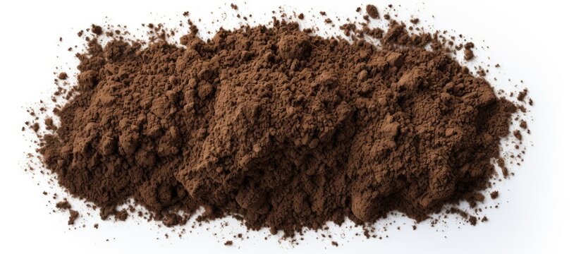Scattered soil pile on white background top view Copy space image Place for adding text or design