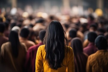 Lonely Sad Indian Woman Standing in Big Crowd generative ai - obrazy, fototapety, plakaty