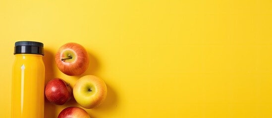 Promoting healthy snacks for school with food water apple and school supplies on yellow background Copy space image Place for adding text or design - obrazy, fototapety, plakaty