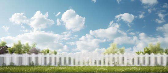 Partial opening on each side of a white picket fence Copy space image Place for adding text or design - obrazy, fototapety, plakaty