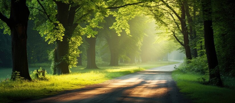 Scenic rural gravel alley lined with green linden trees Picturesque fairy forest landscape with soft sunlight and a sense of pure nature Copy space image Place for adding text or design
