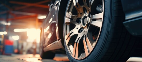 Replacing tires on car with selective focus disc brake garage repair Copy space image Place for adding text or design - obrazy, fototapety, plakaty