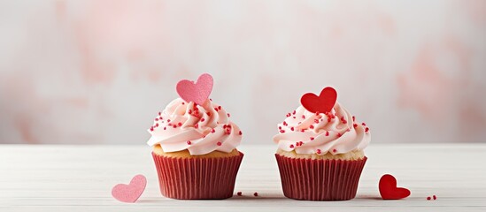 Romantic cupcakes for Valentine s Day on a gray background Copy space image Place for adding text or design