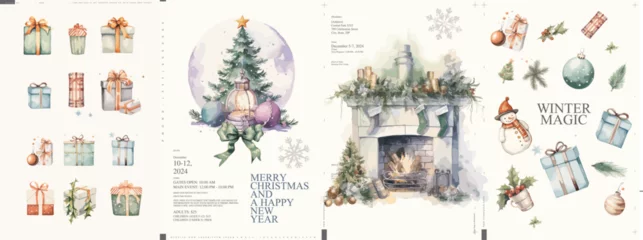 Plexiglas foto achterwand Merry Christmas and happy new year. 2024. Watercolor posters. Cozy Christmas interior. Winter countryside landscape. Typographic poster design and vectorized watercolor objects on background. © Molibdenis-Studio