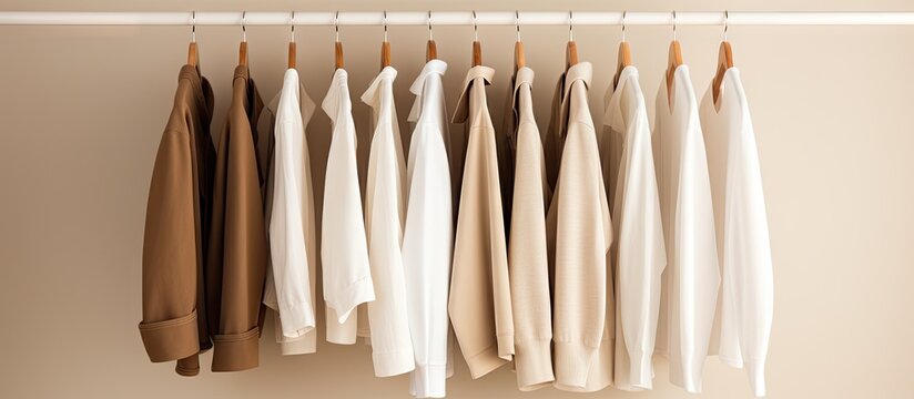 Simplified display of white and beige clothes on a rack Copy space image Place for adding text or design
