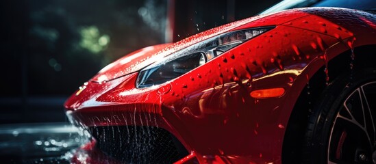 Shampooed red car headlights being cleaned at a dealership car wash Close up commercial shot of a fast car washed in a cinematic studio Copy space image Place for adding text or design - obrazy, fototapety, plakaty