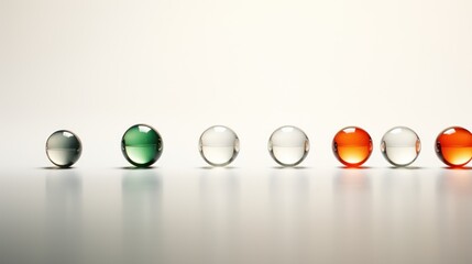  a row of different colored glass balls sitting on top of a white surface with a reflection of the glass in the middle of the row of the row of the balls.