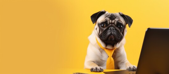 Pug dog in tie happy and working looking at laptop on yellow background Text space available Copy...