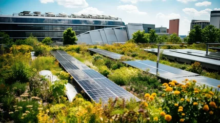 Foto op Plexiglas Green roofs with solar integration. Rooftop garden with integrated solar panels. Concept Sustainability, green energy, urban gardening, renewable resources. © irissca