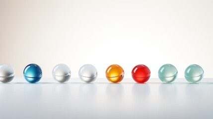  a row of colorful glass balls sitting on top of a white table next to an orange and blue glass ball in the middle of the row of the row of the glass balls.