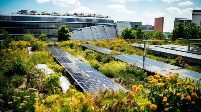 Green roofs with solar integration. Rooftop garden with integrated solar panels. Concept Sustainability, green energy, urban gardening, renewable resources.