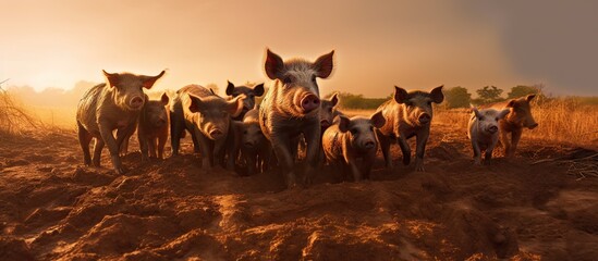 Pigs grazing in a field piglets and mother feeding muddy swine in golden sunset Copy space image Place for adding text or design
