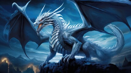  a white dragon sitting on top of a mountain in front of a blue sky with clouds and a full moon in the middle of the night, with it's wings spread out. - obrazy, fototapety, plakaty