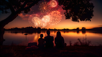 American families celebrate the 4th of July by watching fireworks at night, - obrazy, fototapety, plakaty
