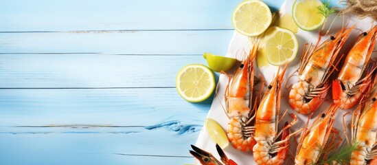 Seafood platter with langoustines grilled shrimp skewers citrus slices and a bright beach setting Copy space image Place for adding text or design - obrazy, fototapety, plakaty