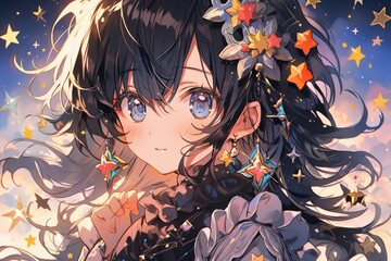 beautiful brunette anime girl, little stars and flowers in background, illustration