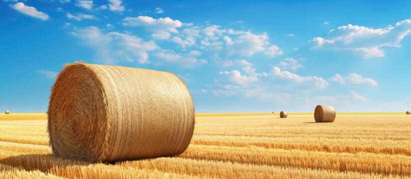 Rural countryside landscape with golden wheat harvest straw bales and agricultural field Copy space image Place for adding text or design