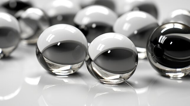  a group of black and white balls sitting next to each other on a white surface with a reflection of the ball in the middle of the image on the top of the balls.
