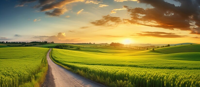 Rural landscape with sunset and wheat fields Copy space image Place for adding text or design