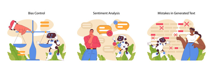 Natural language processing set. Ensuring fairness in AI, dissecting sentiment, and correcting generated text errors. Machine learning and replicating human speech features. Flat vector illustration