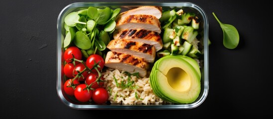Overhead shot of chicken rice avocado and veggies in green meal prep containers Copy space image Place for adding text or design - obrazy, fototapety, plakaty