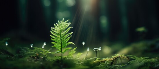 Searching for a magical fern flower during Latvia s dark forest Summer Solstice Copy space image Place for adding text or design - obrazy, fototapety, plakaty