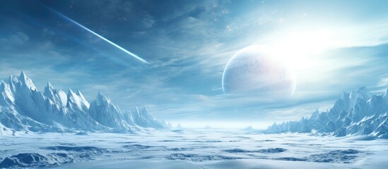 Sci fi background featuring a 3D illustrated ice planet Copy space image Place for adding text or design © Ilgun