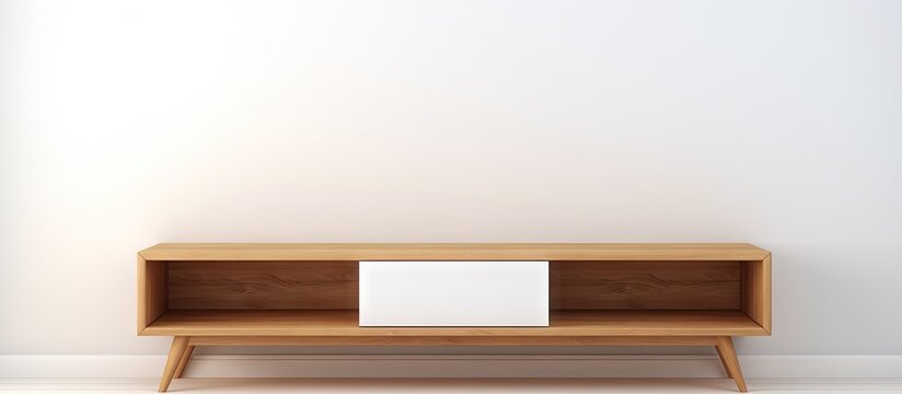 Scandinavian inspired modern wooden TV table with white shelves Copy space image Place for adding text or design