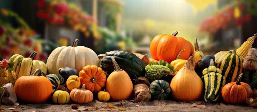 Outdoor market selling agricultural crops after a fall harvest festival Copy space image Place for adding text or design