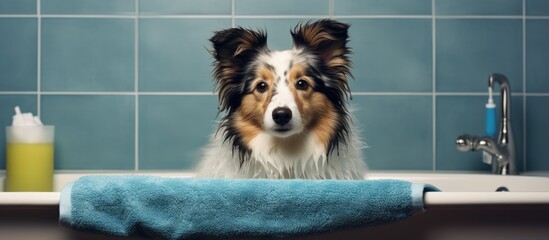 Shetland sheepdog bandaged by person in bathroom Copy space image Place for adding text or design